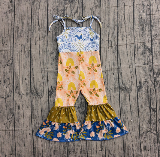 Baby Girls Strap Farm Chicks Flowers Patchwork Bell Bottom Jumpsuits