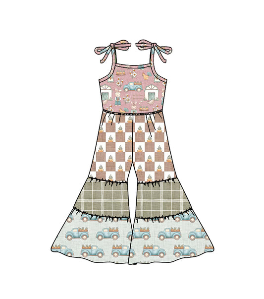 Baby Girls Strap Rabbits Carrots Easter Patchwork Bell Bottom Jumpsuits Preorder