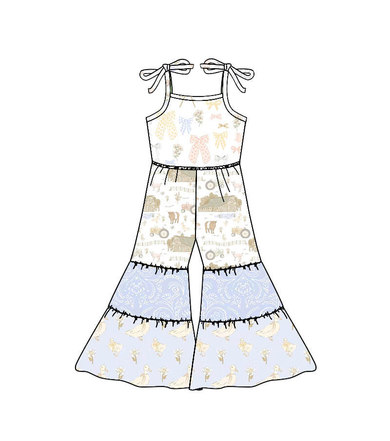 Baby Girls Strap Farm Gooses Cows Patchwork Bell Bottom Jumpsuits Preorder