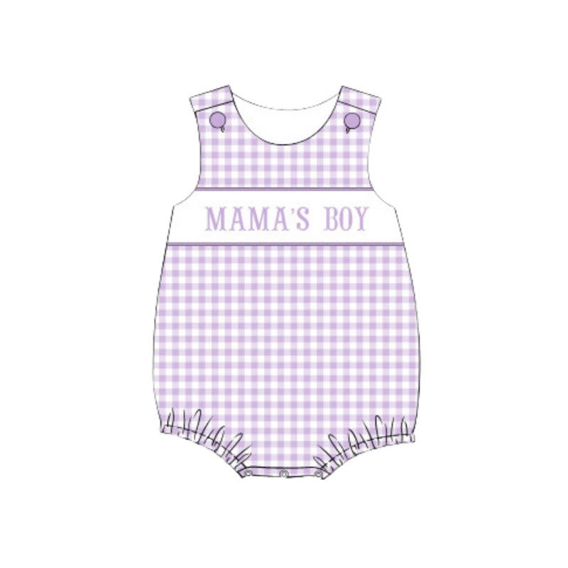Baby Boys Sleeveless Lavender Checked Mama's Boy Rompers Preorder