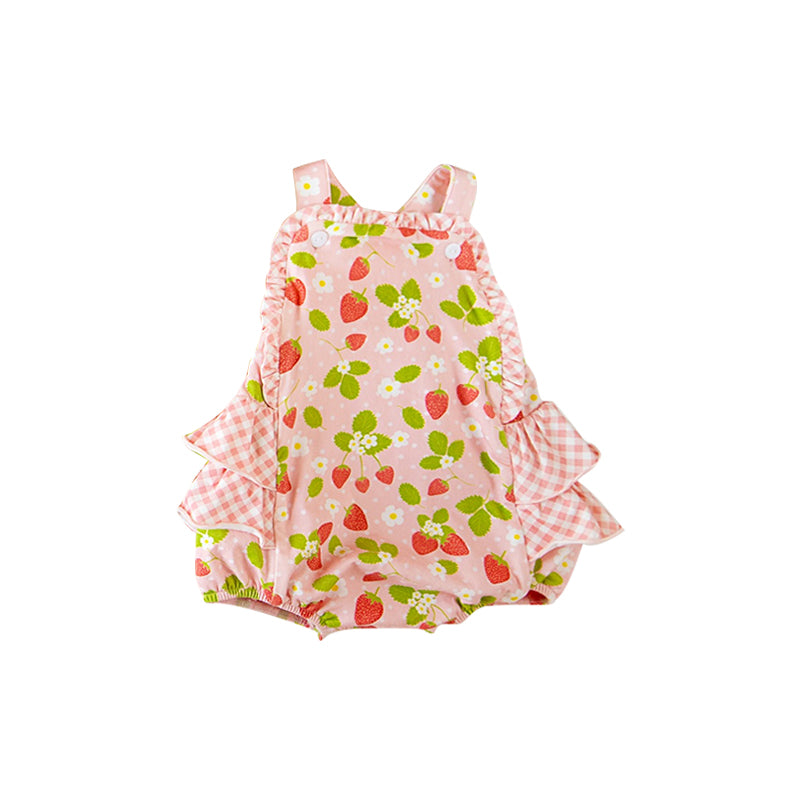 Baby Girls Pink Strap Flowers Strawberry Bubbly Ruffle Rompers Preorder