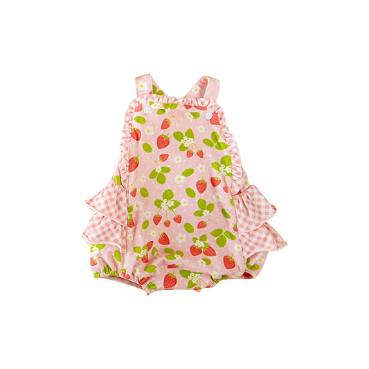 Baby Girls Pink Strap Flowers Strawberry Bubbly Ruffle Rompers Preorder