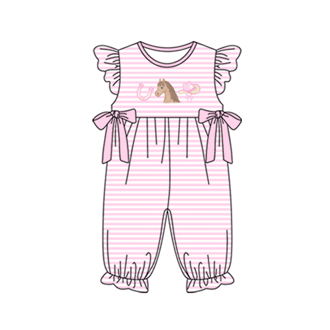 Baby Girls Pink Stripe Horse Hats Bows Western Ruffle Footie Rompers Preorder