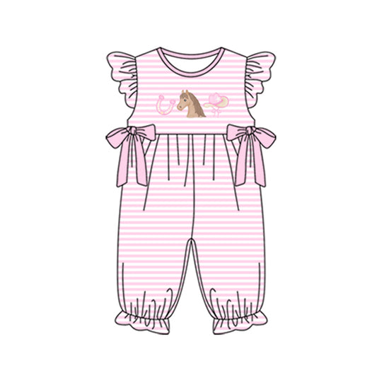 Baby Girls Pink Stripe Horse Hats Bows Western Ruffle Footie Rompers Preorder