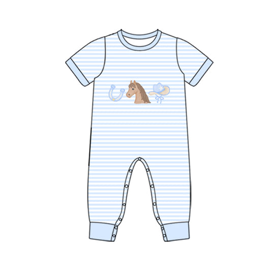 Baby Boys Blue Stripe Horse Hats Western Short Sleeve Footie Rompers Preorder