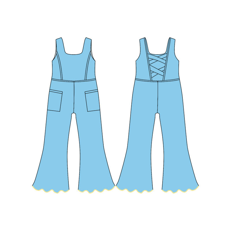 Baby Girls Blue Sleeveless Pockets Flare Pants Yoga Jumpsuits Preorder