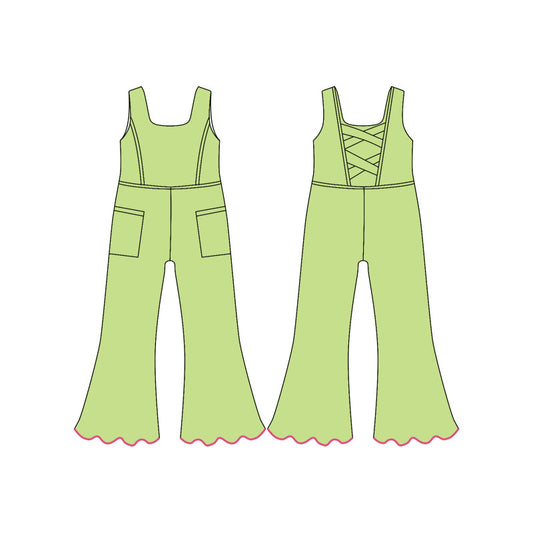 Baby Girls Green Sleeveless Pockets Flare Pants Yoga Jumpsuits Preorder