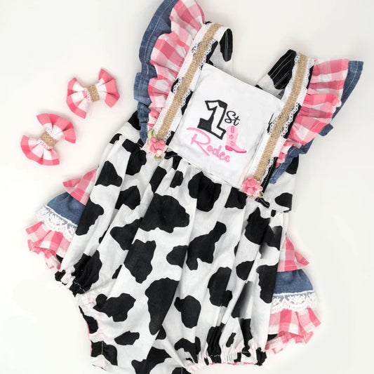 Baby Girls 1 st Rodeo Boots Cow Print Western Bubbly Ruffle Rompers Preorder