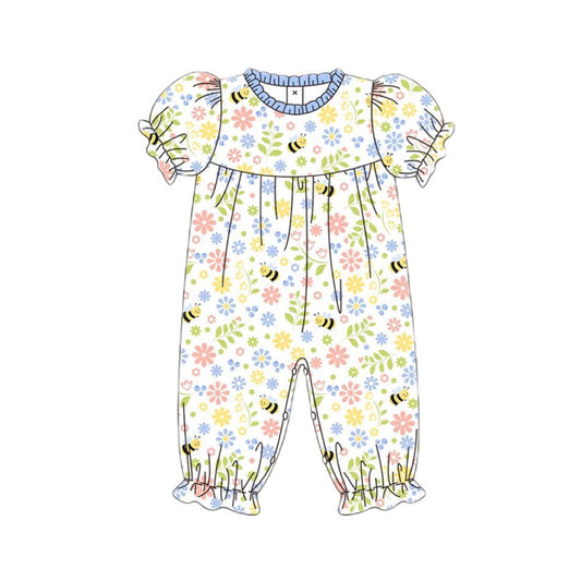 Baby Girls Short Ruffle Sleeve Floral Bee Footie Rompers Preorder