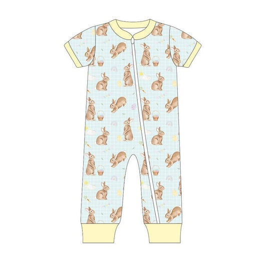 Baby Boys Rabbits Eggs Checked Two Way Zip Convertible Easter Rompers Preorder