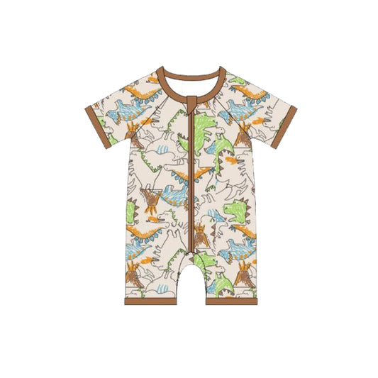 Baby Boys Short Sleeve Dinosaurs Plaid Zipper Rompers Preorder