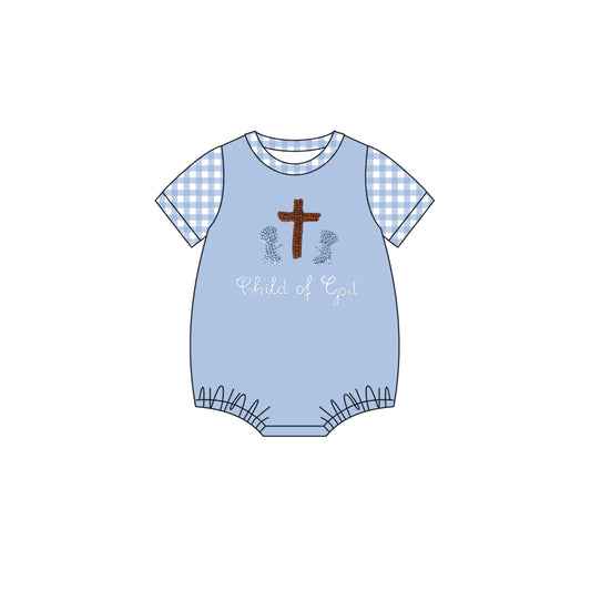 Baby Boys Blue Short Sleeve Crosses Child of God Easter Rompers Preorder