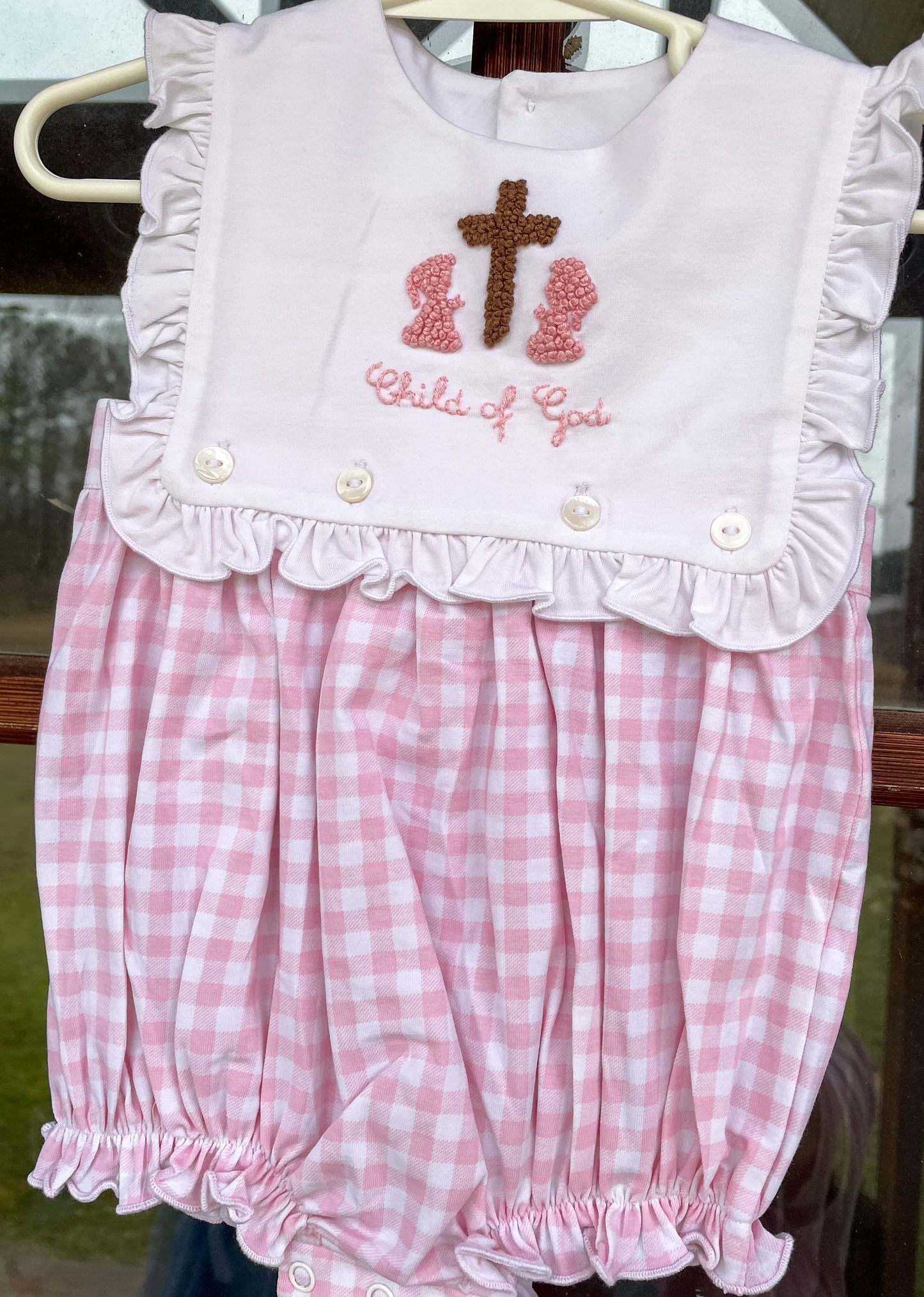 Baby Girls Pink Sleeveless Crosses Child of God Easter Ruffle Rompers Preorder