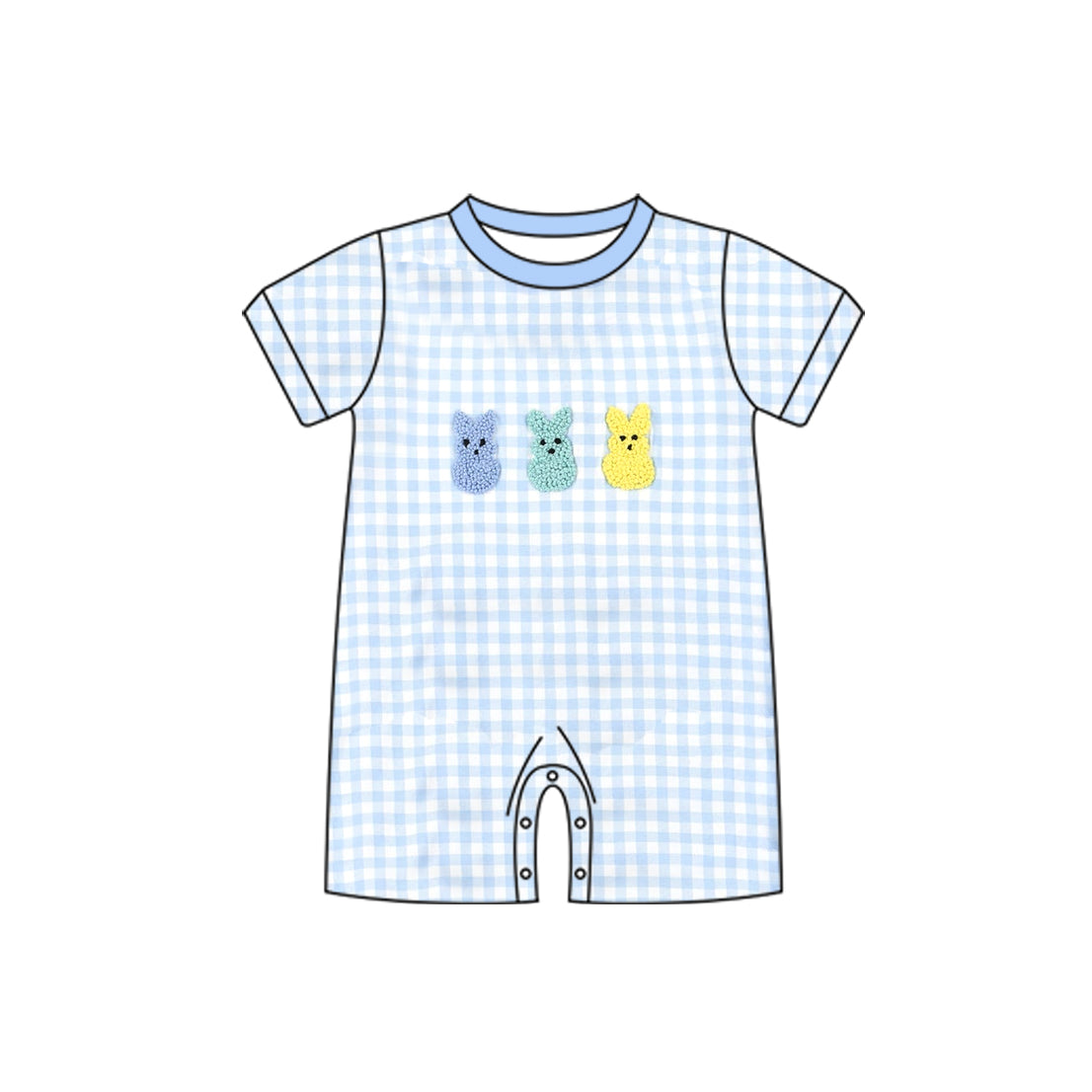 SR3621Baby Boys Blue Checked Rabbits Easter Rompers Preorder