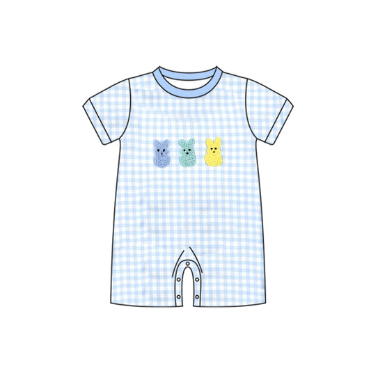 SR3621Baby Boys Blue Checked Rabbits Easter Rompers Preorder