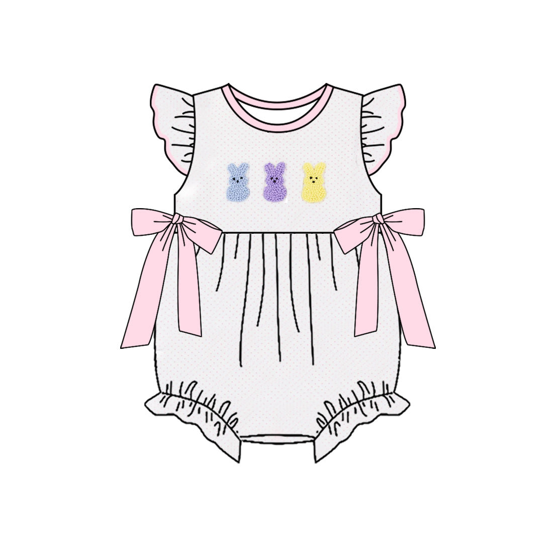 Baby Girls Pink Polka Dots Rabbits Bows Easter Ruffle Rompers Preorder
