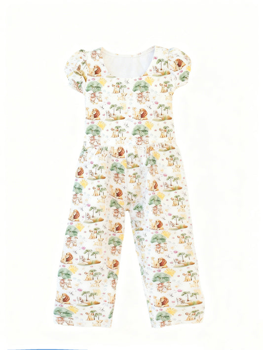 Baby Girls Short Ruffle Sleeve Cartoon Lions Animals Pockets Jumpsuits Preorder