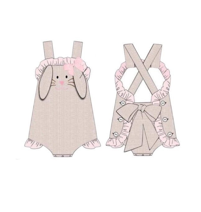 Baby Girls Strap Pink Stripe Rabbits Back Bows Easter Ruffle Rompers Preorder