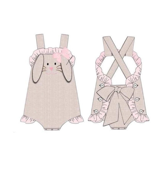 Baby Girls Strap Pink Stripe Rabbits Back Bows Easter Ruffle Rompers Preorder