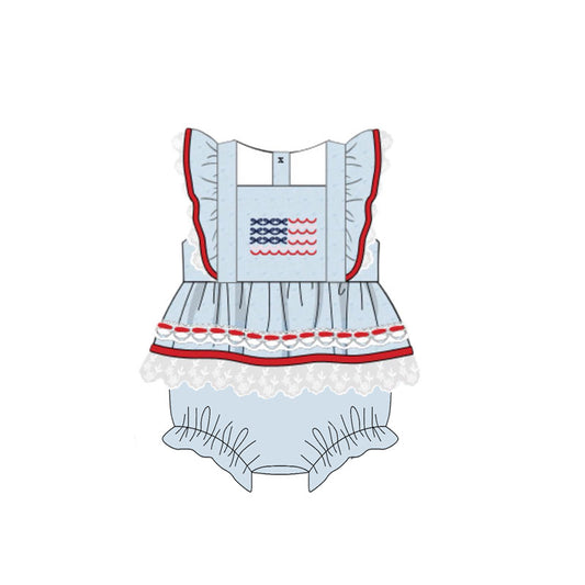 Baby Girls Blue Flutter Sleeve Flags Tunic Bummies 4th of July Ruffle Rompers Preorder