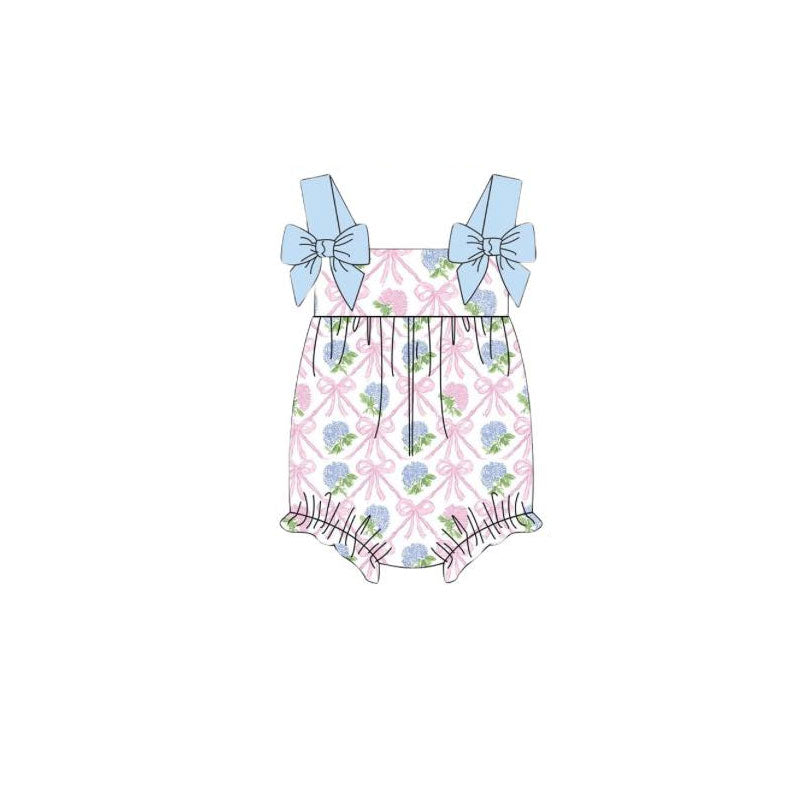 Baby Girls Blue Strap Flower Bows Checked Ruffle Rompers Preorder