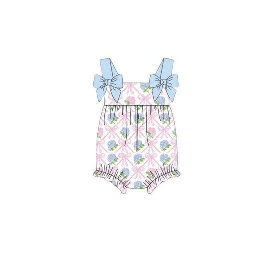 Baby Girls Blue Strap Flower Bows Checked Ruffle Rompers Preorder