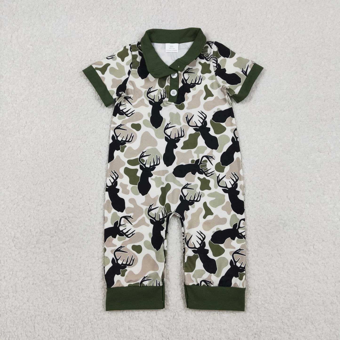 Baby Boys Green Deer Camo Button Southern Hunting Rompers