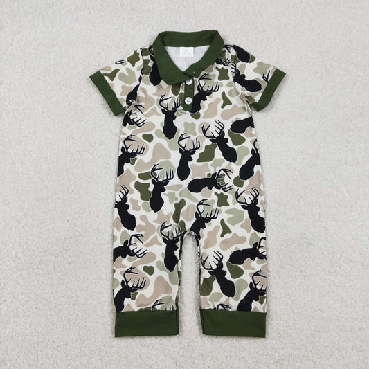 Baby Boys Green Deer Camo Button Southern Hunting Rompers
