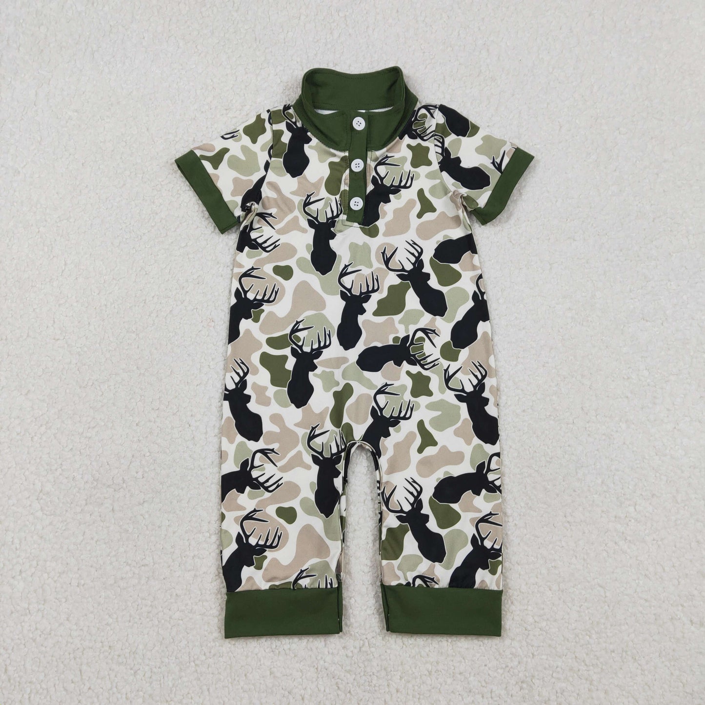 Baby Boys Green Deer Camo Button Southern Hunting Rompers