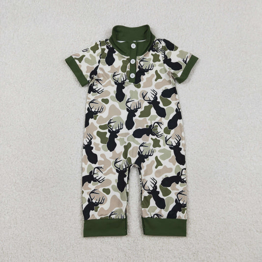 Baby Boys Green Deer Camo Button Southern Hunting Rompers