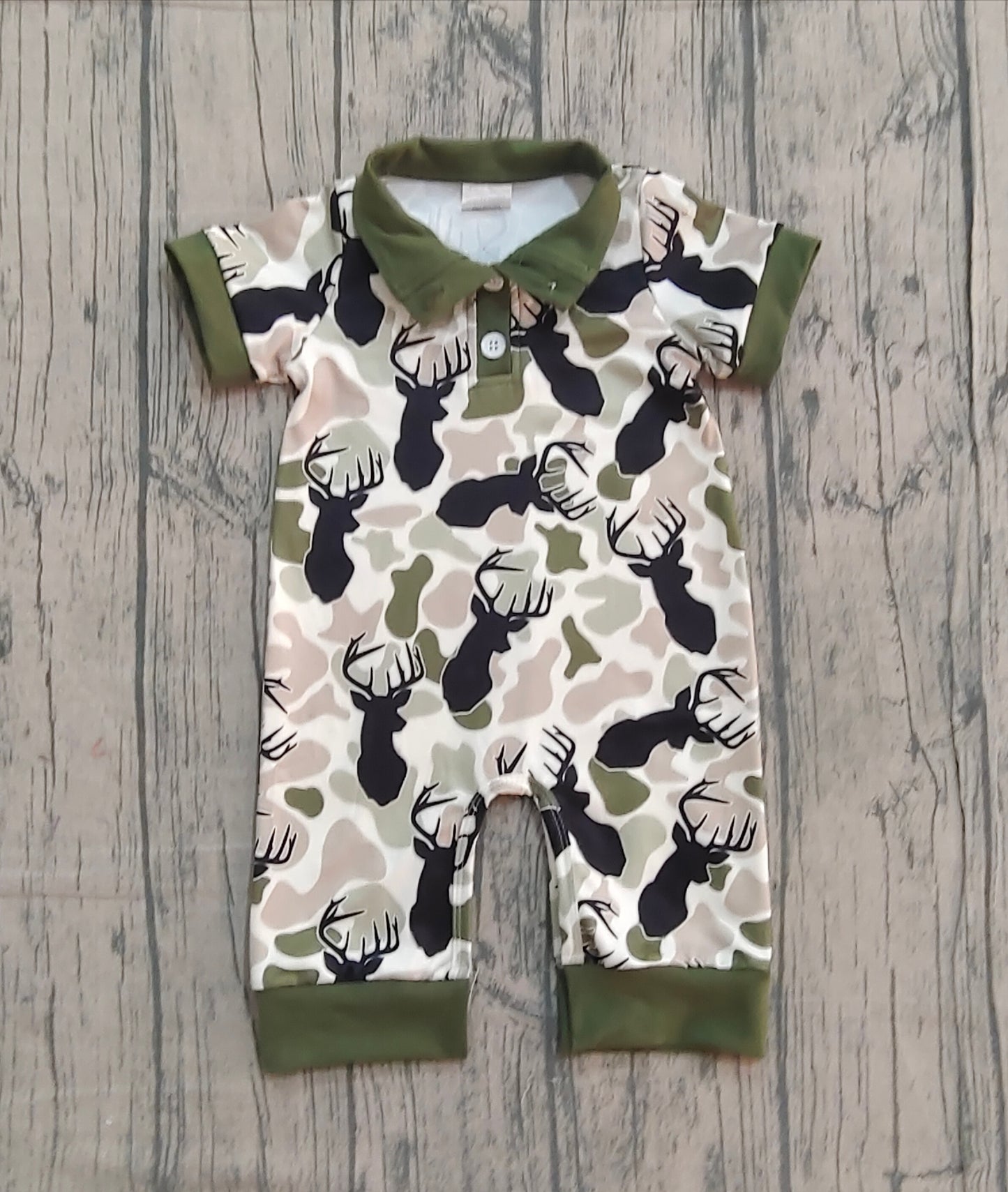 Baby Boys Green Deer Camo Button Southern Hunting Rompers