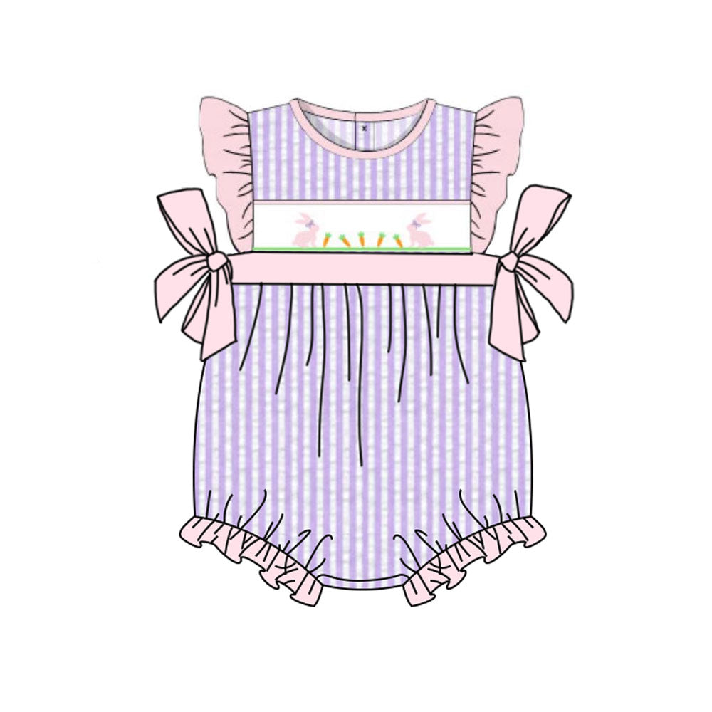Baby Girls Lavender Stripe Rabbit Carrots Easter Bows Ruffle Rompers Preorder