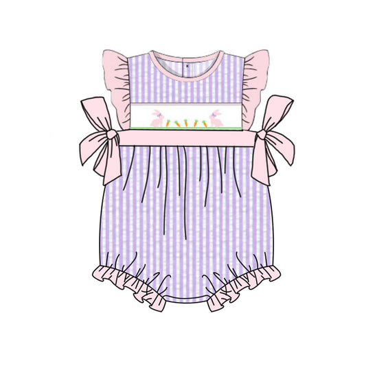 Baby Girls Lavender Stripe Rabbit Carrots Easter Bows Ruffle Rompers Preorder