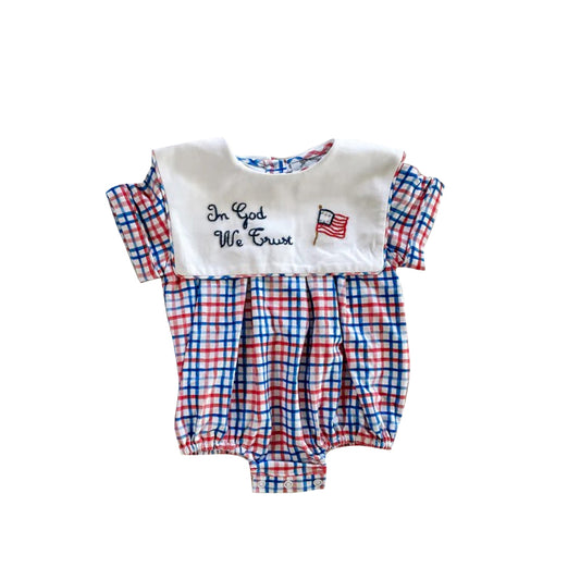 Baby Girls Short Sleeve Red Blue Checked Flags 4th of July Rompers Preorder