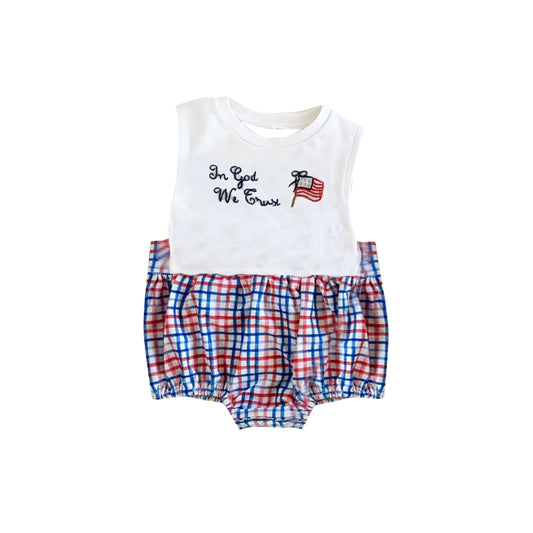 Baby Boys Sleeveless Red Blue Checked Flags 4th of July Rompers Preorder