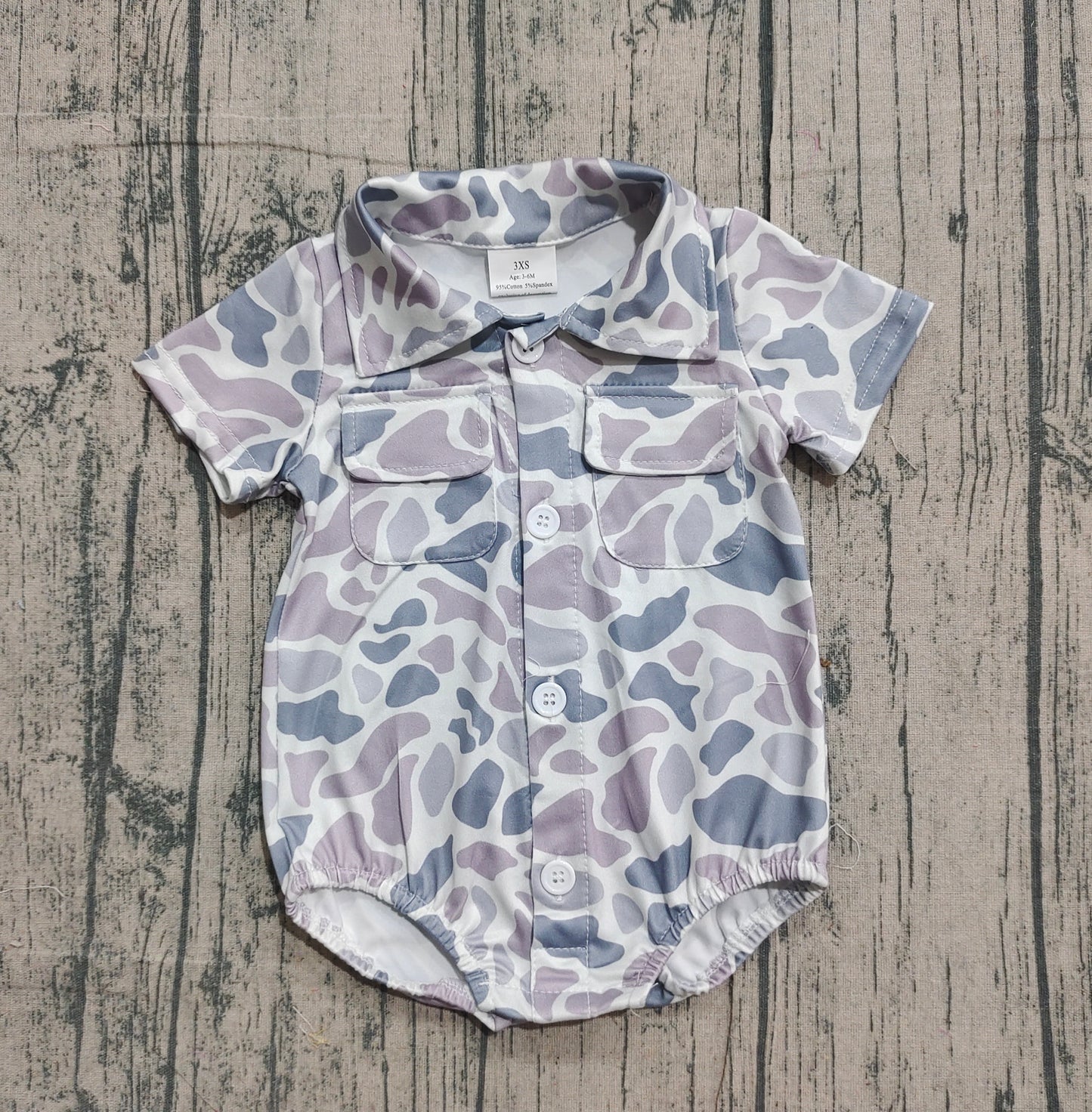 Baby Boys Southern Light Grey Camo Button Pockets Rompers Preorder