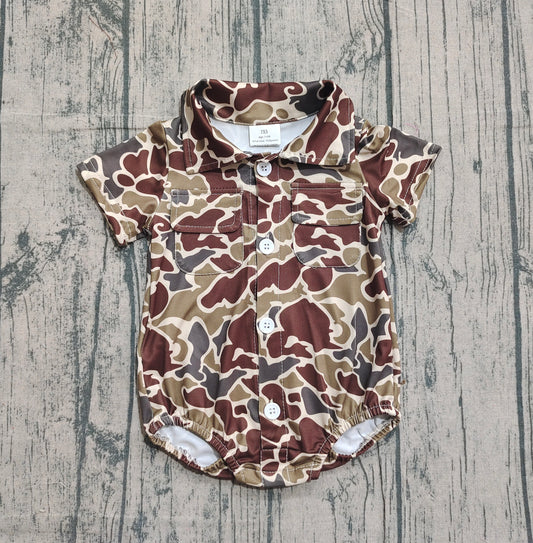 Baby Boys Southern Dark Khaki Camo Button Pockets Rompers Preorder