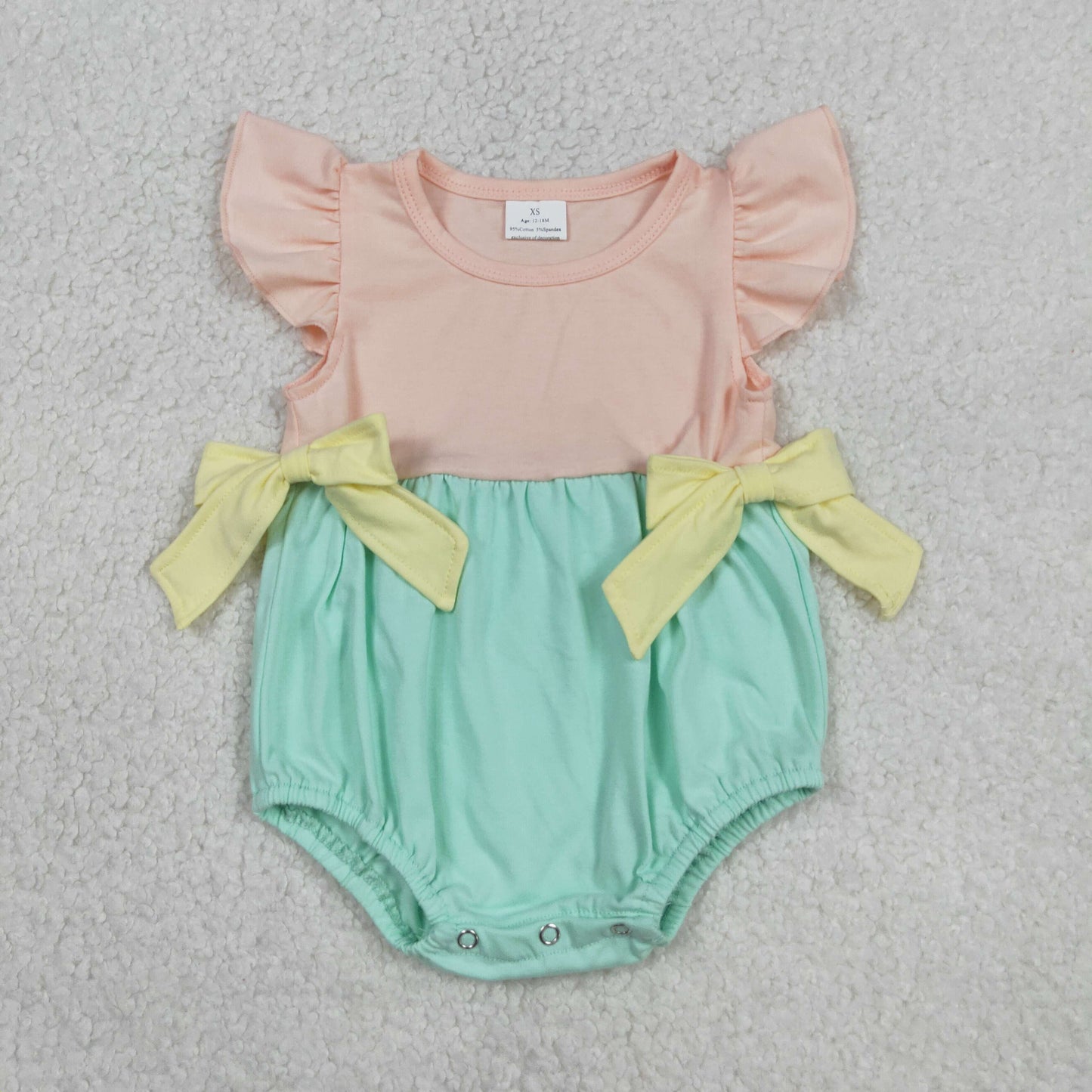 Baby Girls Flutter Sleeve Pink Aqua Patchwork Ruffle Rompers