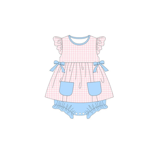Baby Girls Pink Checked Bows Pockets Tunic Bummies Ruffle Rompers Preorder