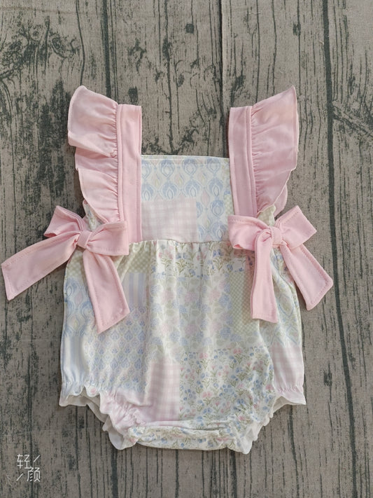 Baby Girls Pink Flutter Sleeve Bows Flowers Checked Ruffle Rompers