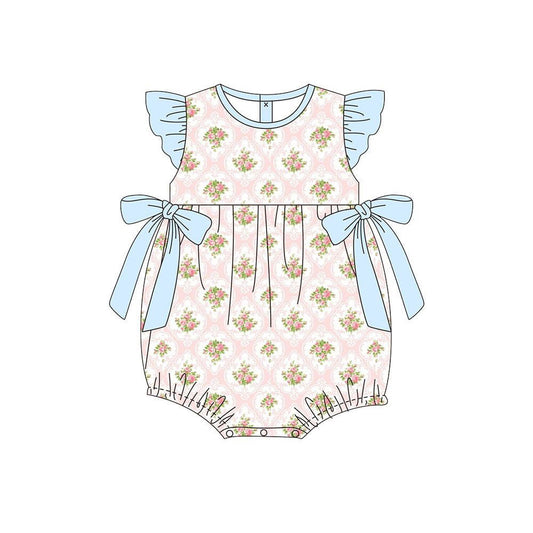 Baby Girls Flutter Sleeve Bows Flowers Checked Ruffle Rompers Preorder