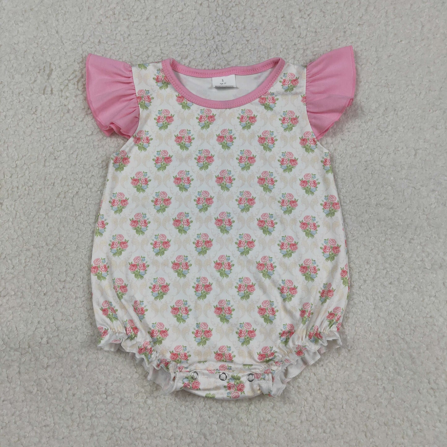 Baby Girls Pink Flutter Sleeve Flowers Checked Ruffle Rompers