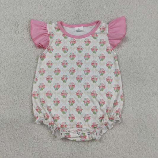 Baby Girls Pink Flutter Sleeve Flowers Checked Ruffle Rompers