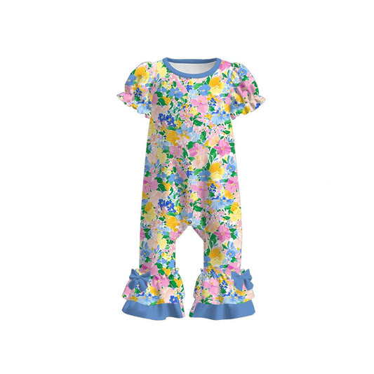Baby Girls Colorful Flowers Ruffle Footie Rompers Preorder