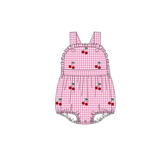 Baby Girls Strap Pink Checked Cherry Ruffle Rompers Preorder