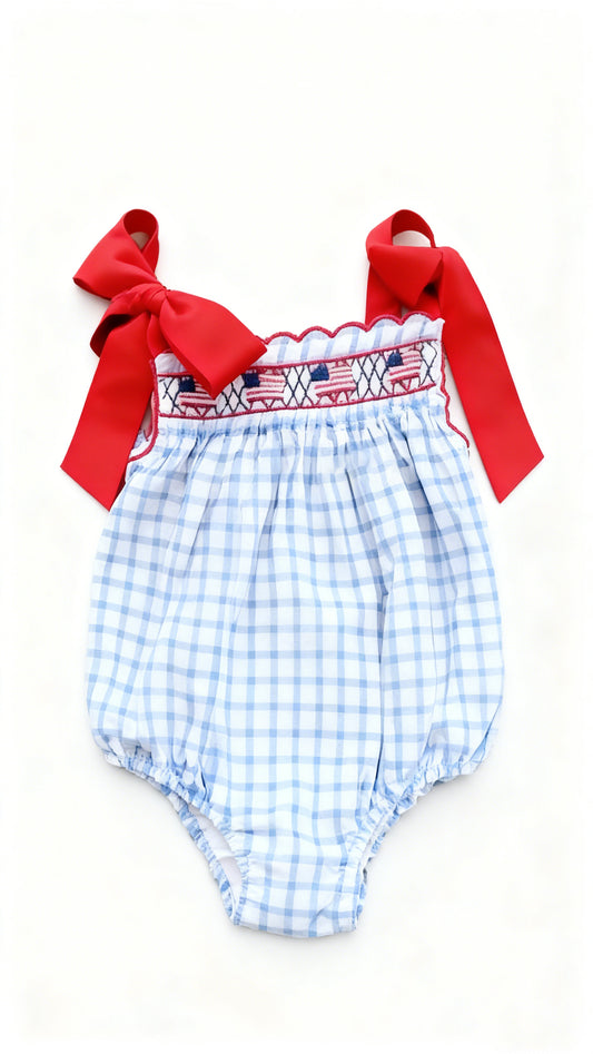 Baby Girls Strap Flags Checked 4th of July Ruffle Rompers Preorder