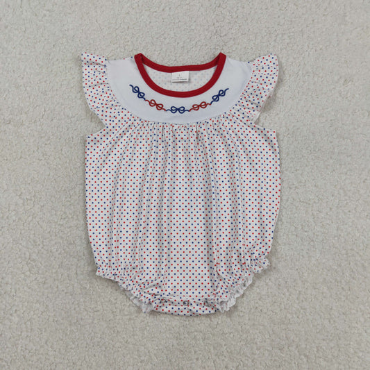 Embroidery Bows Baby Flutter Sleeve Girls Blue Red Polka Dots Ruffle Rompers
