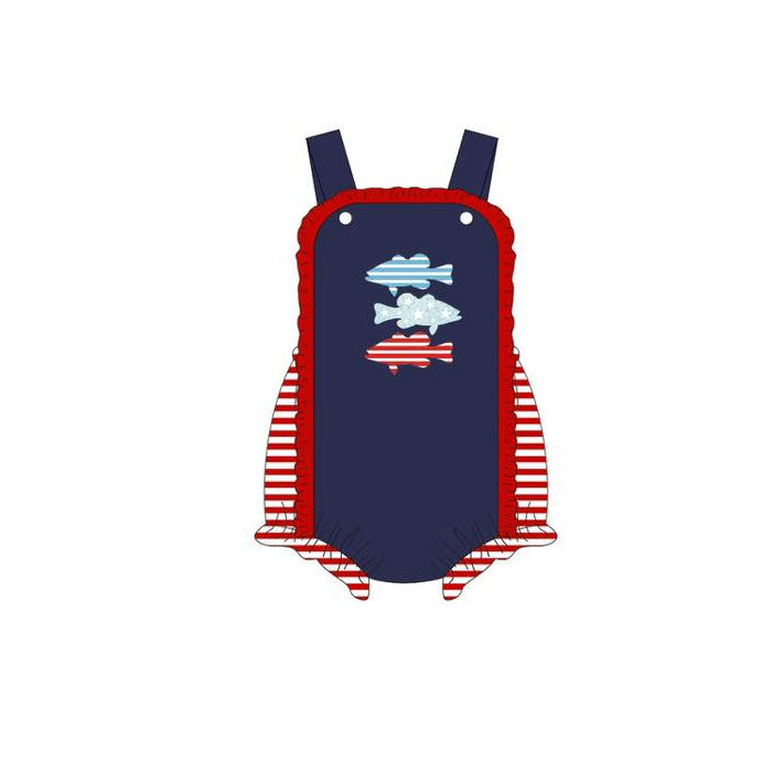 Baby Girls Strap Stripe Stars Fishes 4th of July Bubbly Ruffle Rompers Preorder