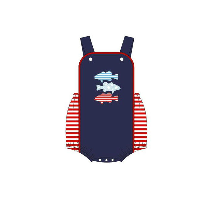 Baby Boys Strap Stripe Stars Fishes 4th of July Ruffle Rompers Preorder