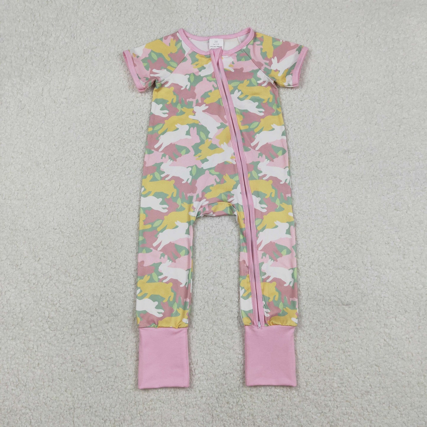 Baby Girls Rabbits Camo Easter Two Way Zip Convertible Rompers